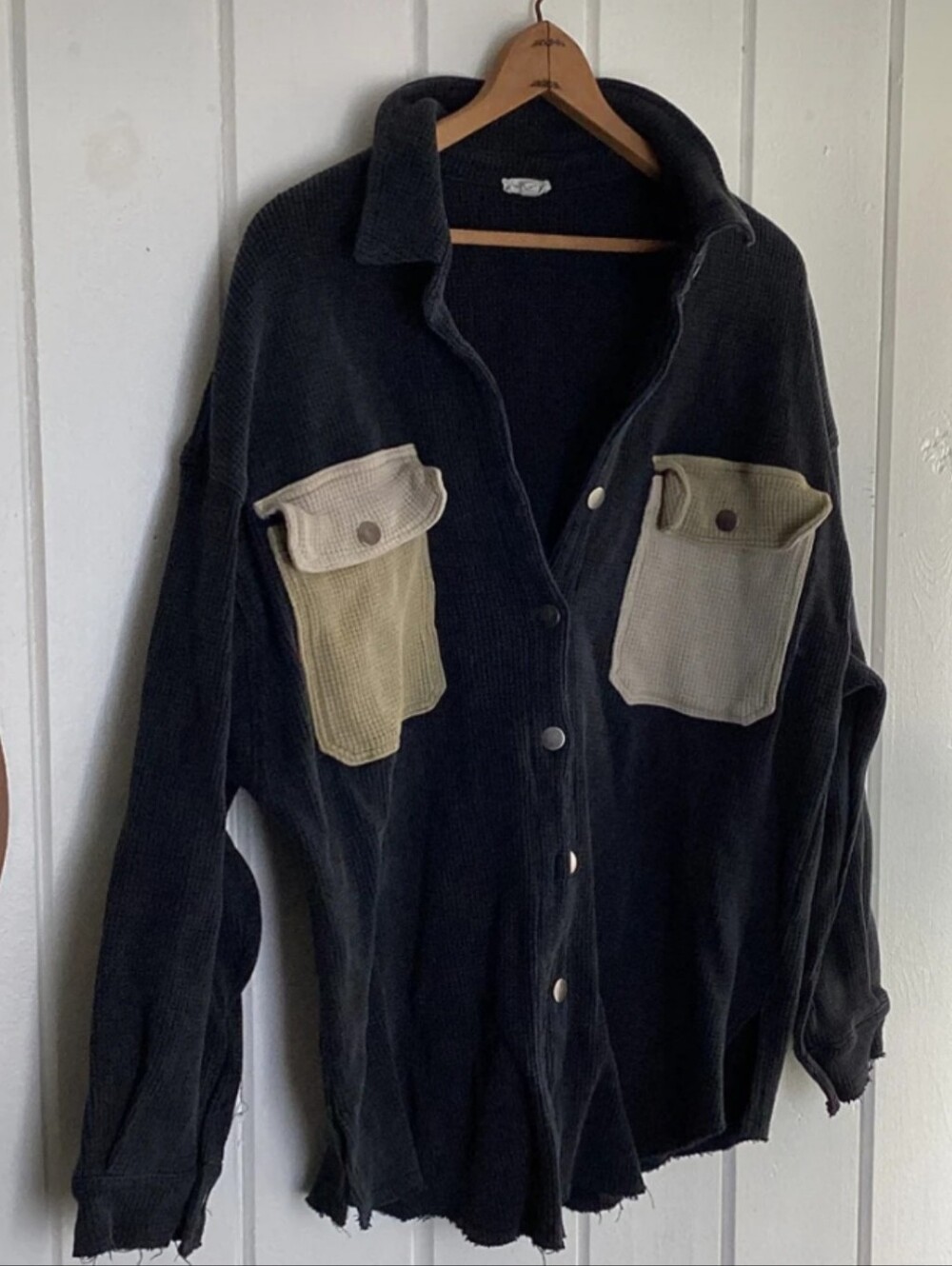POL Black Corduroy Zip-Up Shirt Jacket with Contrast Chest Pockets